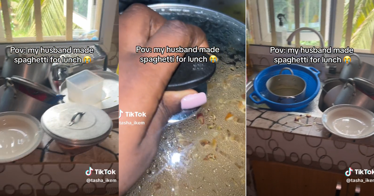 "Did he hire caterers?" – Lady lamǝnts over the messy state of the kitchen after her husband prepared spaghetti for lunch (WATCH)