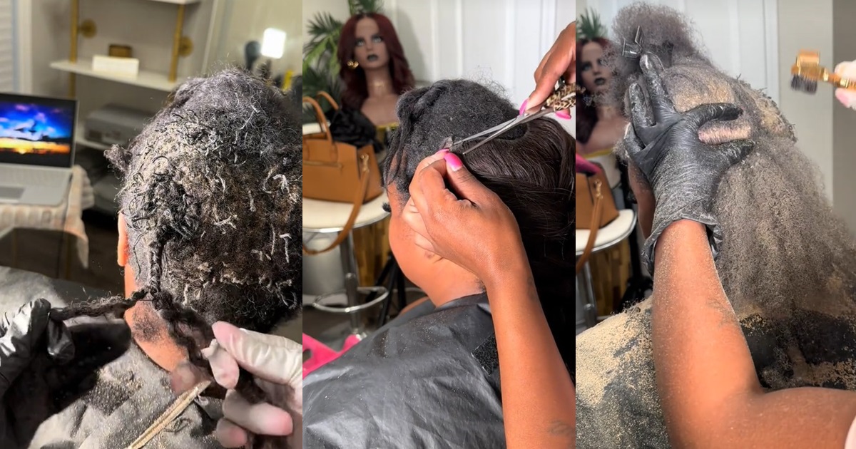 "Is that sawdust?" – Hairstylist shows the 'dandruff flakes' on her client's scalp after wearing a sew-in weave for 4 month (WATCH)