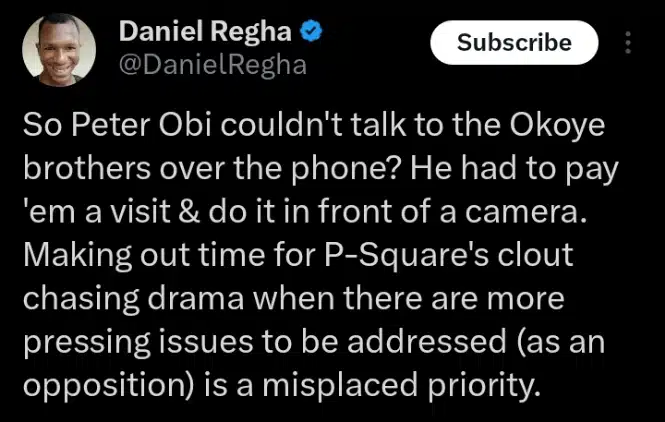 Daniel Regha slams Peter Obi for visiting Paul and Jude Okoye