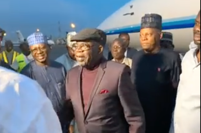 VIDEO: Shettima, Lalong, Oshiomhole, others receive Tinubu at the airport