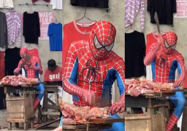 Funny video of 'Spiderman' selling meat in Nigerian market trends online