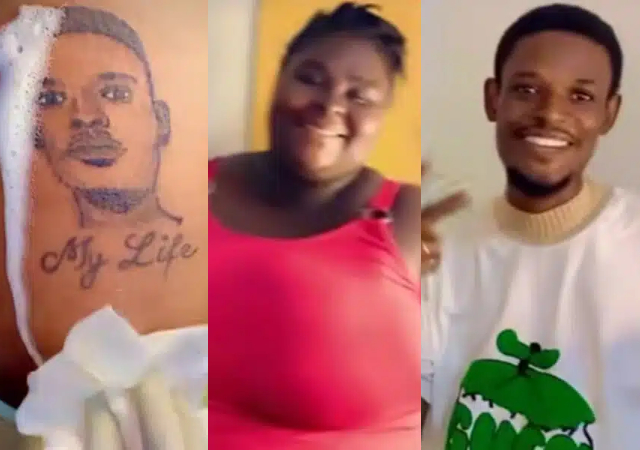 Lady goes above and beyond as she tattoos boyfriend’s face on her lap