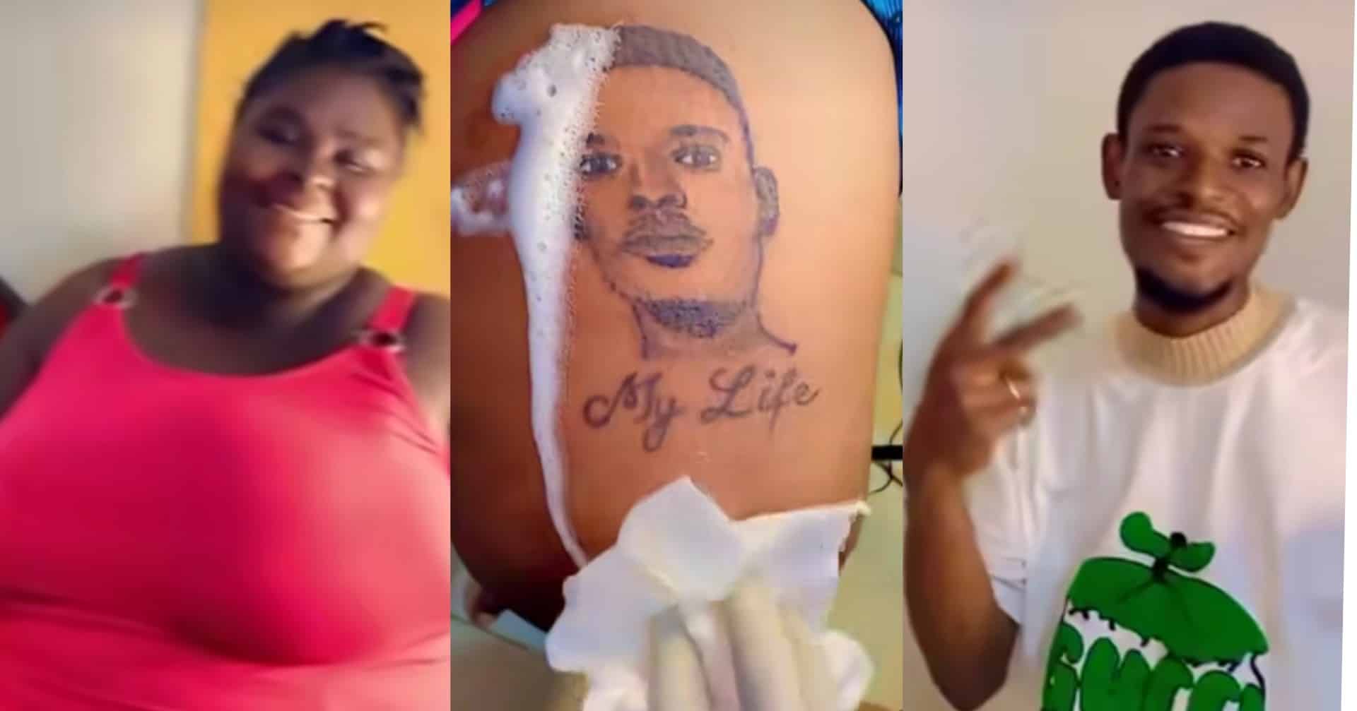 Lady tensions singles as she tattoos boyfriend's face on her lap