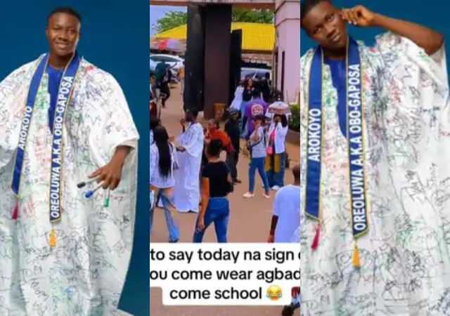 Man makes people sign on his white agbada as he completes ND