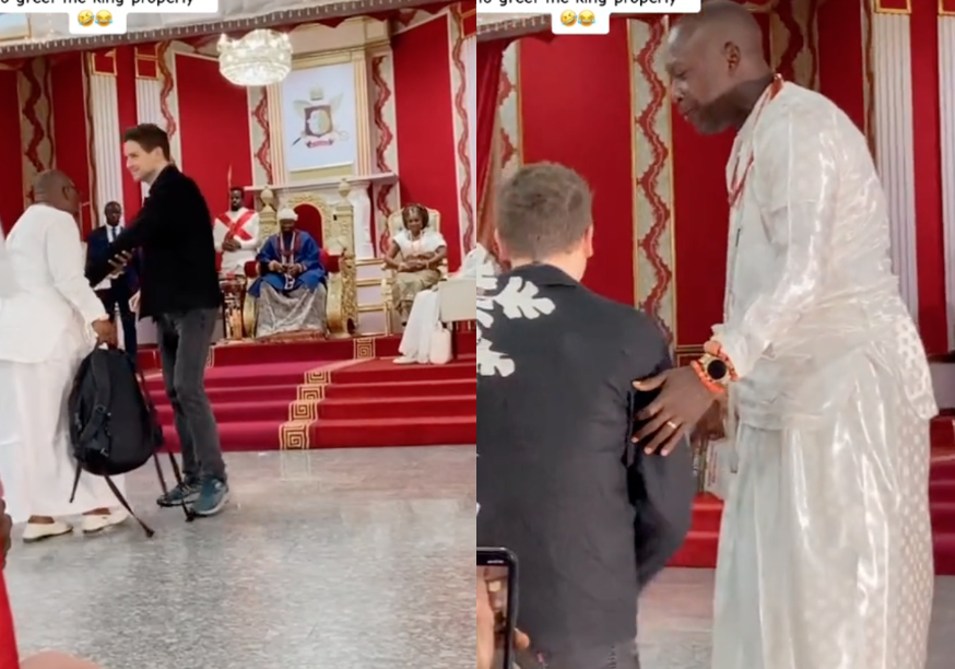 VIDEO: White man stopped from shaking hands with Olu of Warri, shown how to properly greet the king