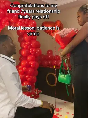 Lady's patience finally pays off as boyfriend proposes after 7 years of dating 