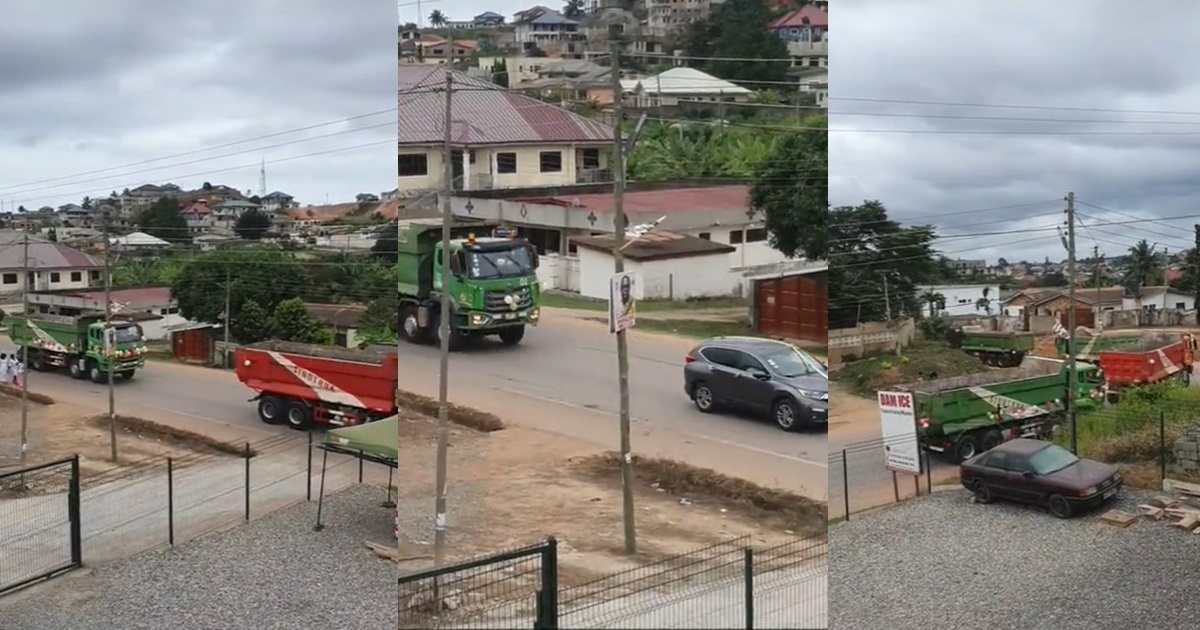 "Site engineer don marry" – Moment Ghanaian couple arrives at their wedding in a convoy of trucks stirring reactions (VIDEO)