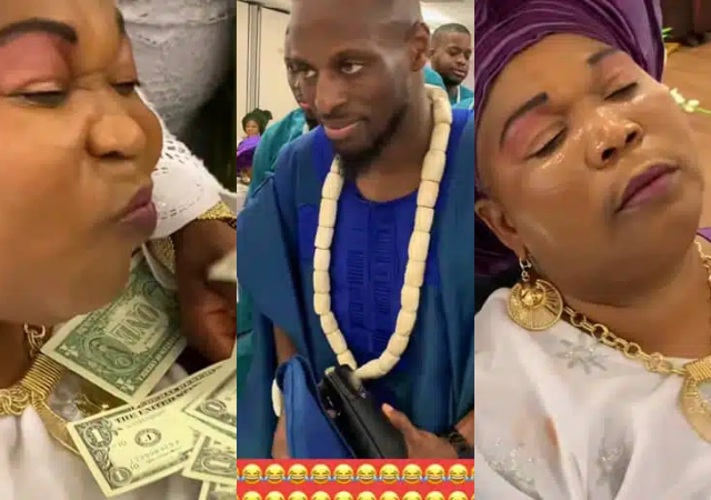 Funny moment wedding officiant refuses to open her eyes until groom sprays enough money