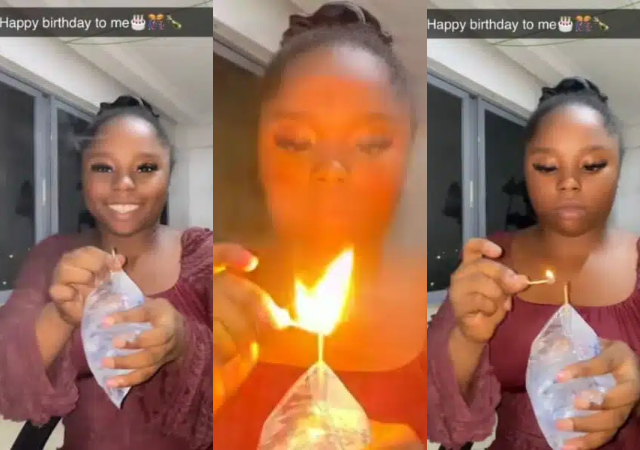 Lady celebrates her birthday with sachet water and a matchstick