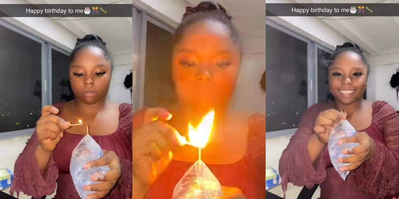 Nigerian lady marks her birthday with sachet water and a matchstick