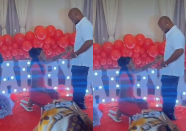 Mixed reactions as lady accepts boyfriend proposal while kneeling down 