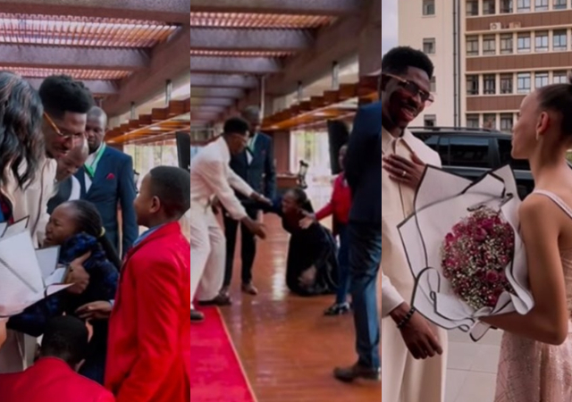 Mixed reactions as woman tearfully kneels before Moses Bliss upon his arrival in kenya