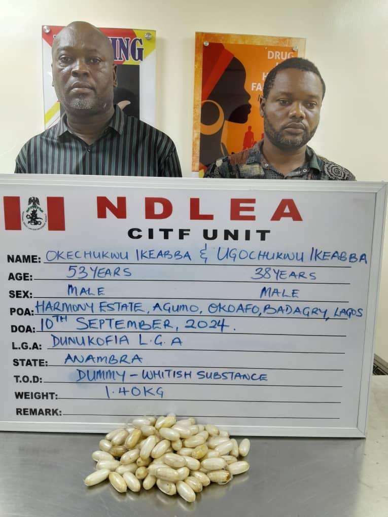 NDLEA operatives nab 2 blood brothers behind cocaine shipment to