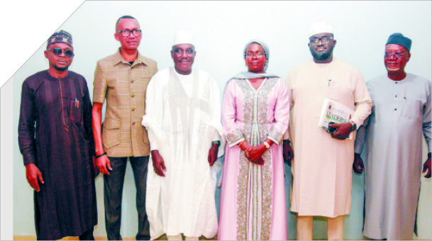 Chairman, LEADERSHIP Group Ltd, Zainab Nda-Isaiah(3rd right); Editor-in-Chief, Azu Ishiekwene (2nd left); vice chairman, Mike Okpere (right); the GMD, Muazu Elazeh(left); Niger State commissioner for industry,trade, investment and private sector development, Aminu Suleman Takuma (3rd left); and S.A to governor on digital media and strategy, Abdullberqy Ebbo, during the inauguration of Board of Trustees/ Implementation Committee in honour of Auwalu Salisu, an honest Kano-based tricycle rider who returned missing  N15 million in Abuja, yesterday PHOTO BY IBRAHIM MOHAMMED