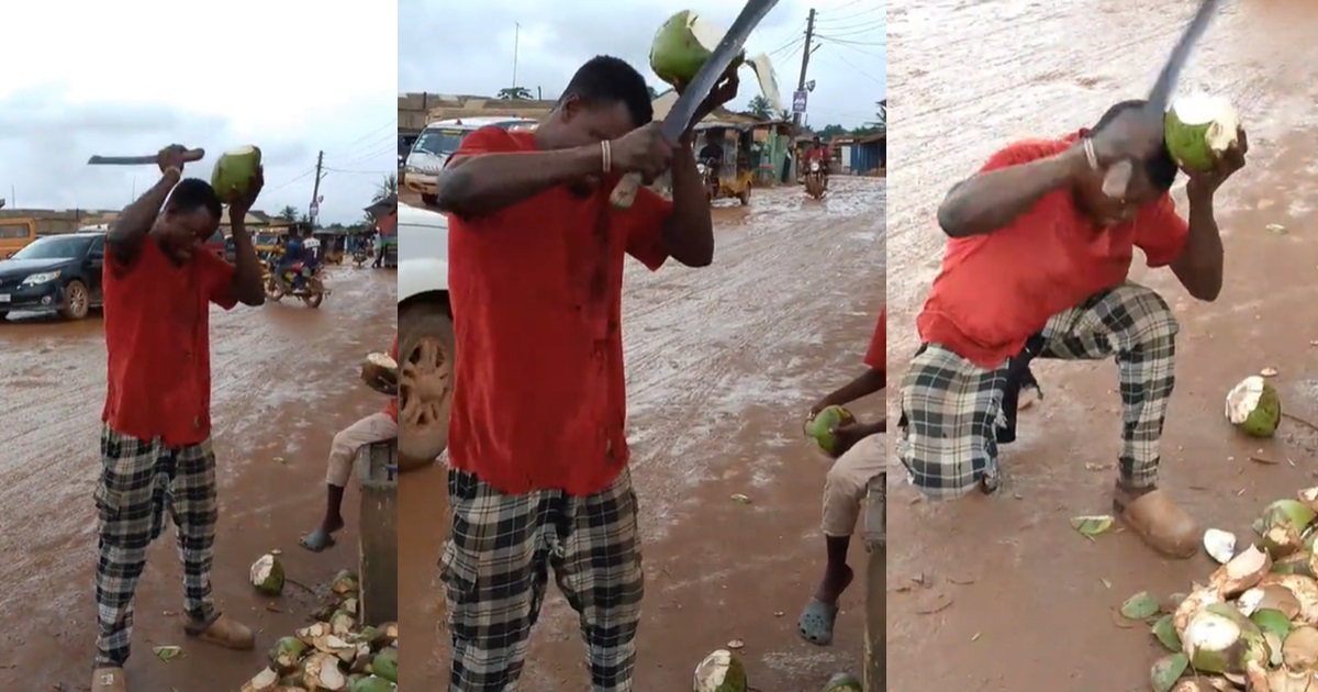 Nigerian Man Displays Incredible Talent By Cutting Coconut On His Head (VIDEO)