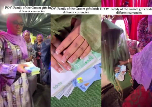 Nigerian bride trends online as she receives different currencies as welcome gift from groom’s family