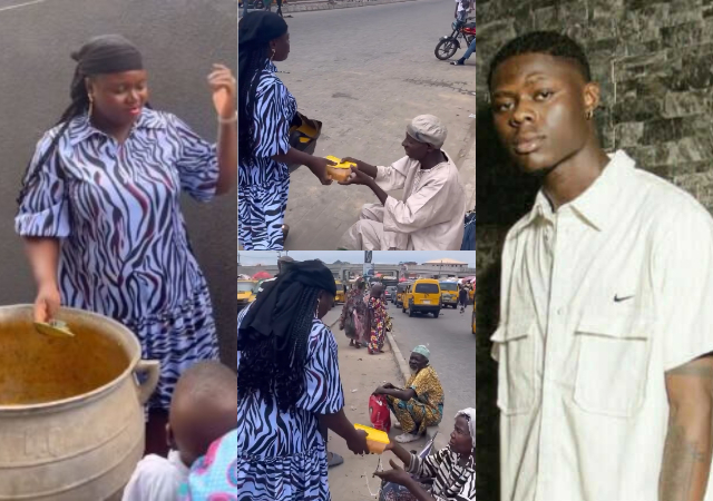 Nigerian lady touches hearts as she shares food to beggars in first year memorial of Mohbad