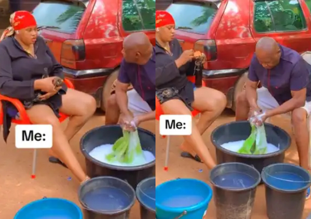 Reactions as lady proudly shares video of her dad washing her clothes while she relaxes