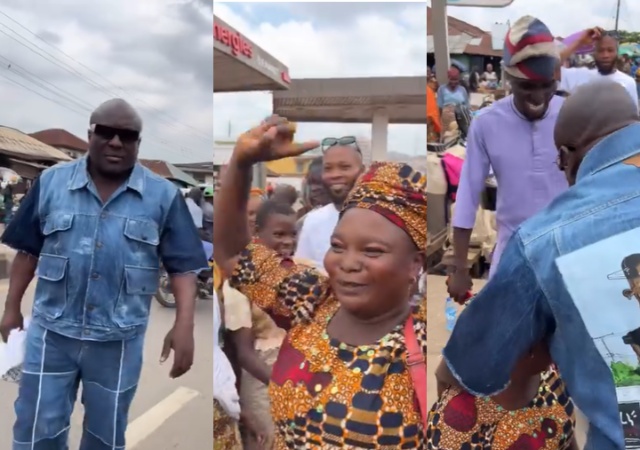 Saheed Osupa storms Ibadan market in style, surprise viral diehard fan, gifts her bundles of money