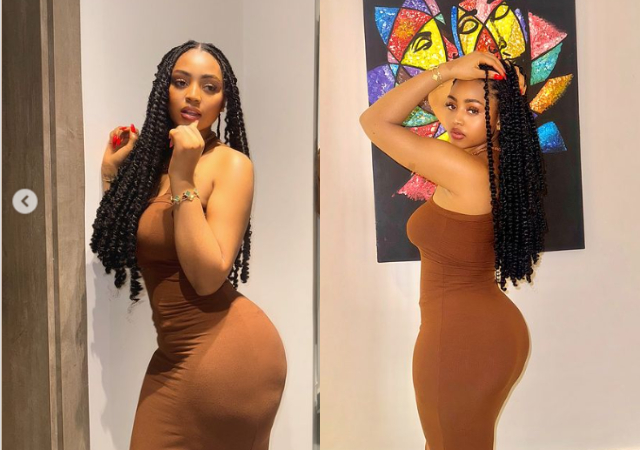 “See Ned for bed”- Fans react as Regina Daniels shows off curves in fitted gown