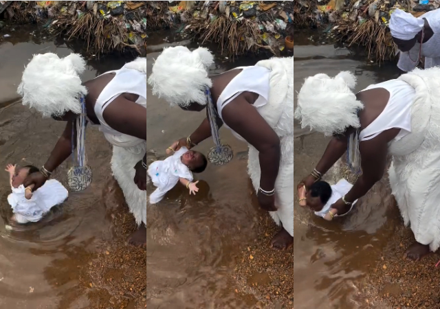 “What’s this?”– Mixed reactions as Osun worshippers perform river cleansing on baby