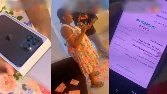 "Some men are so international about their wives" – Man gifts his wife an iPhone 14 Pro Max, ₦1M as push gift (WATCH)