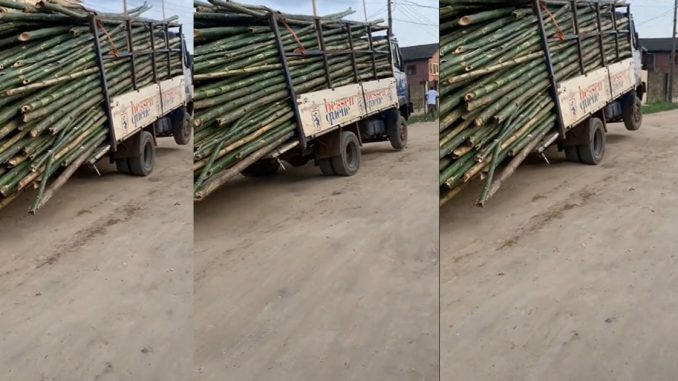 Passersby Flee As Overloaded Truck With Bamboo Poles Jiggles On The Street (WATCH)