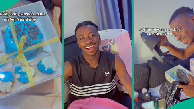 Nigerian Lady Gives Her Man Expensive Shoes and Cake on Boyfriend Day, He Rejoices in Video