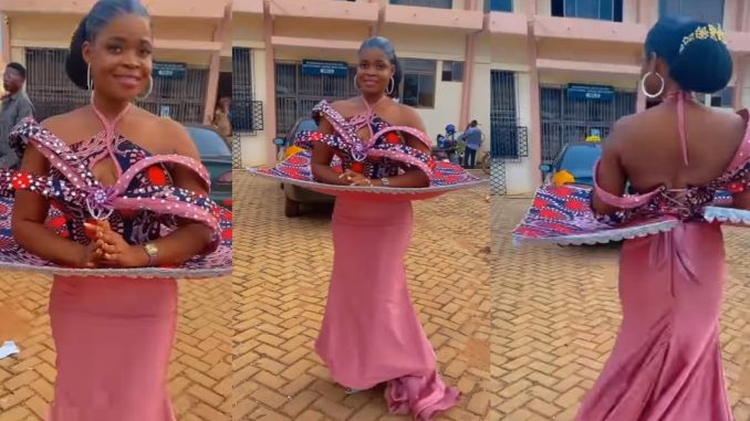 "serving tray abi na dining table" – Ghanian lady shows off stunning 'table' dress (WATCH)