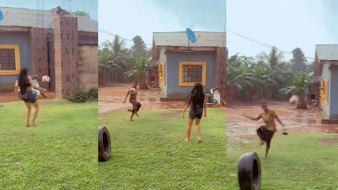 "That girl wey wear skirt na better baller" – Young ladies show off mind-blowing football skills under the rain (WATCH)