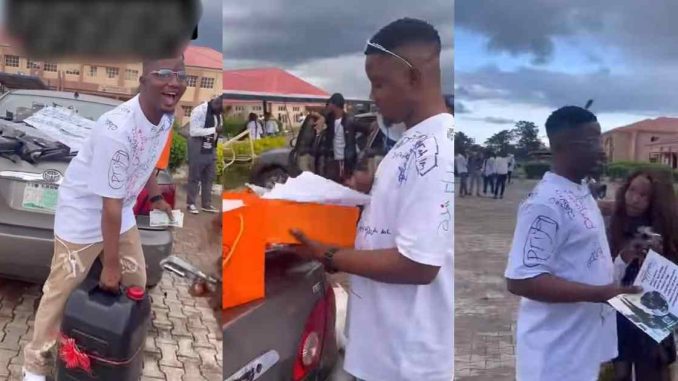 "Some girls go think say na prank" – Lady gifts her man 50 liters of fuel and N200,000 cash gift for his Sign-Out (WATCH)