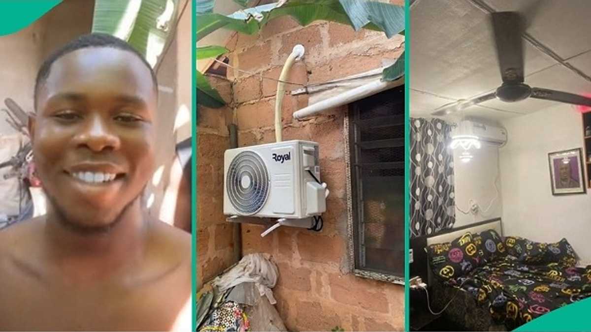 Nigerian Man Living in Uncompleted Building Furnishes His Room With AC, Displays Fine Interior