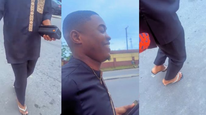 "The shoe is so fine on his leg" – Heartwarming moment a 'finished man' wears girlfriend's heels to ease foot pain (WATCH)