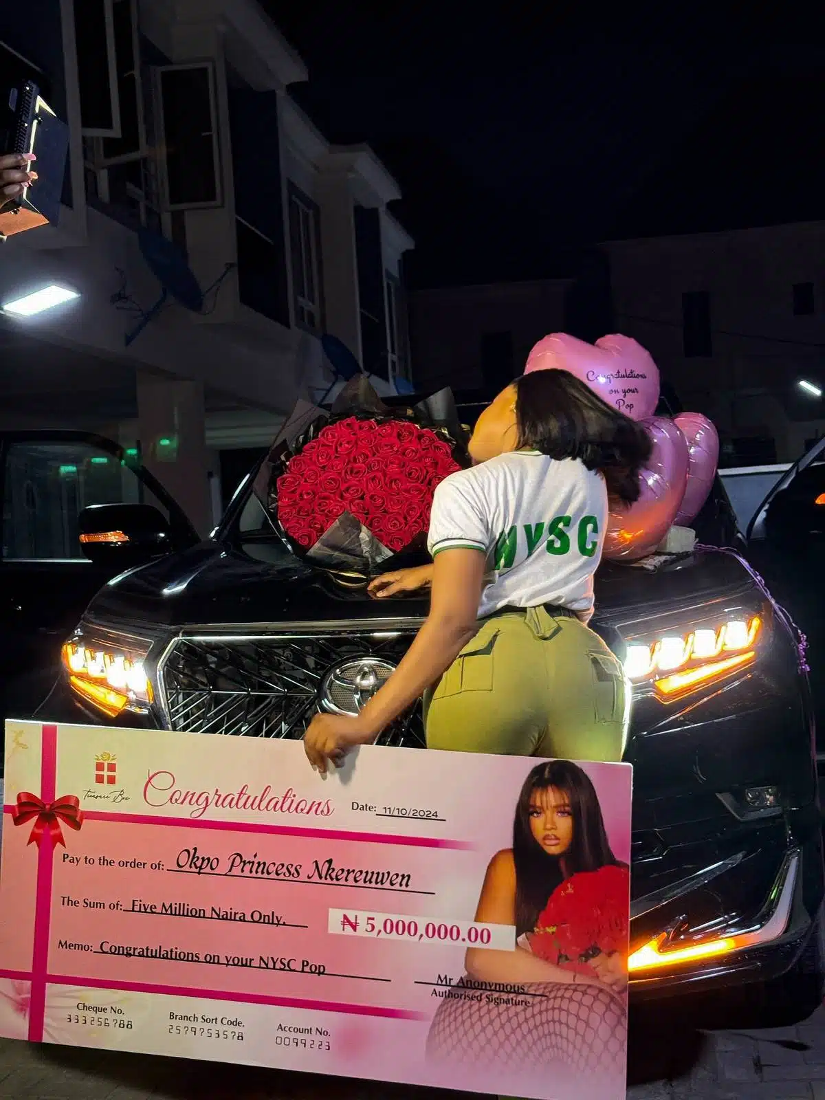 Fine girl privilege gets corper new car, N5m on P.O.P. day