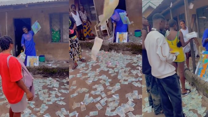 "na broom I go use park that money" – Siblings sprays their mum ₦20 as she celebrates her birthday (VIDEO)