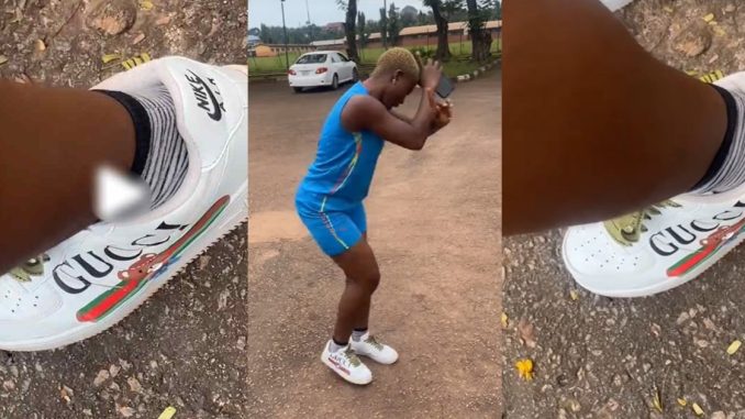 Lady shows off the 'expensive' Gucci-Nike sneakers from her Odogwu talking stage (WATCH)