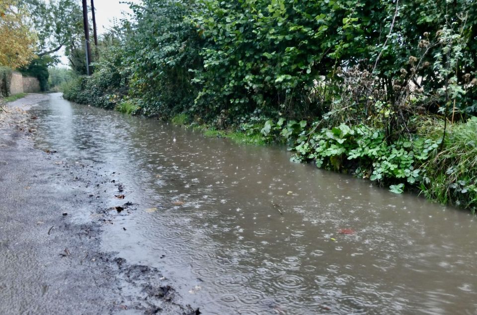 Flooded lanes during the heavy rain in Dunsden, Oxfordshire, on October 19