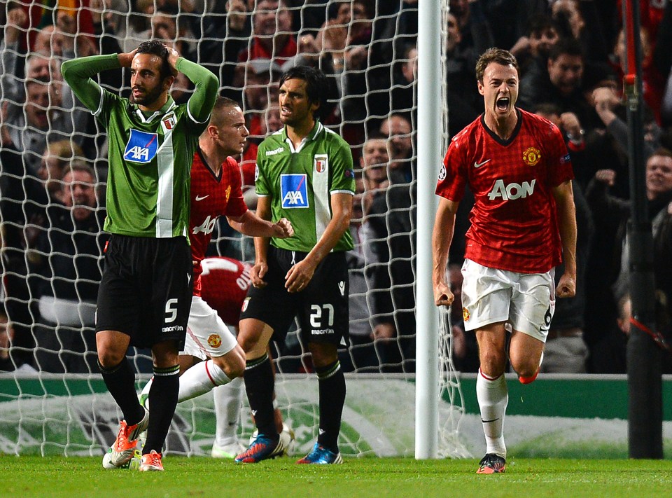 The picture shows Jonny Evans scoring the equaliser against Braga as United came from 2-0 down to win 3-2 in 2012