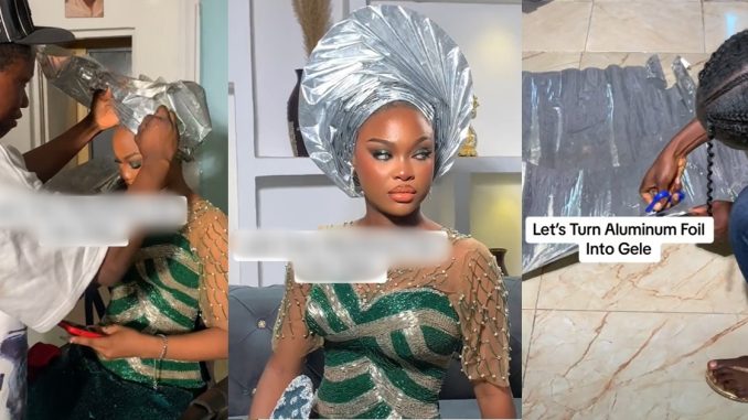 Bride and artiste wow netizens as they transform aluminum foil into head tie (WATCH)