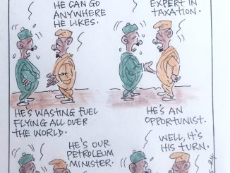 CARTOON OF THE DAY: Mr President, the taxman and petroleum minister wasting fuel travelling all over the world