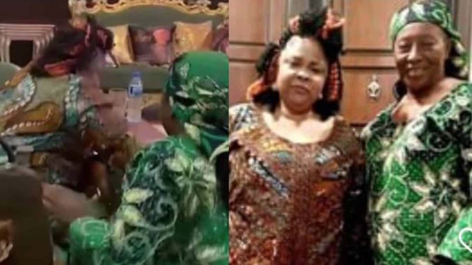 Fans react as Patience Ozokwo kneels to greet Patience Jonathan during recent visit