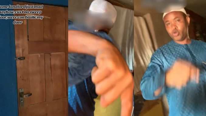 Landlord angr!ly brəaks tenant's door after she refused to sweep the compound (WATCH)