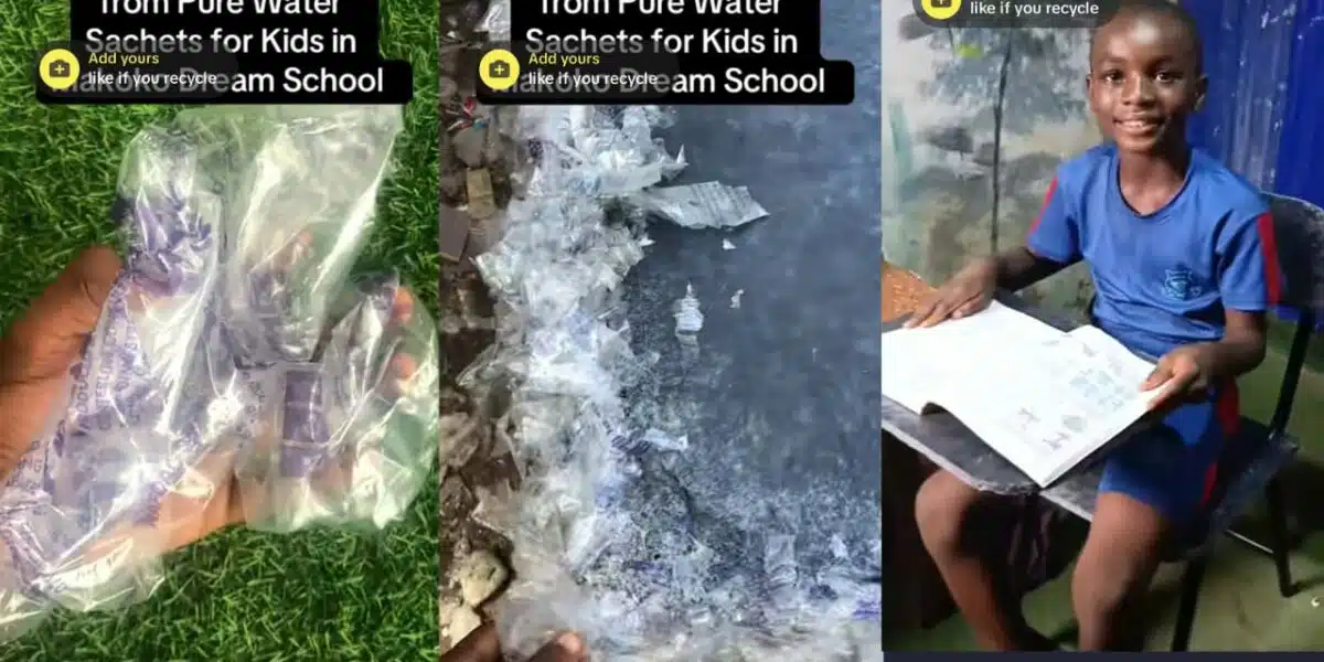 Man turns waste pure water sachets into chairs and tables for children