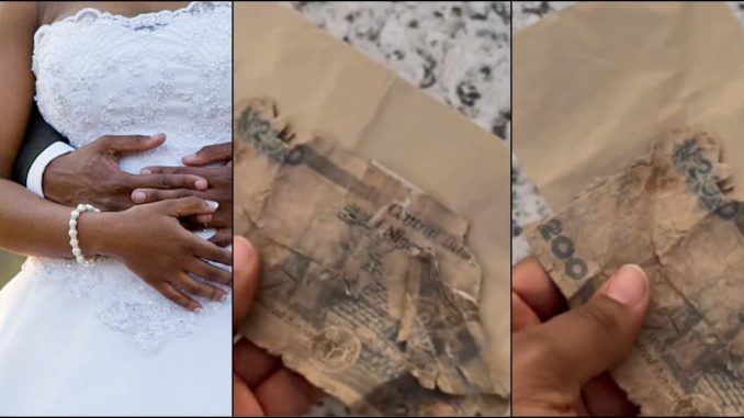 Newly wedded wife laments as she flaunts torn old N200 she saw in envelope as wedding gift