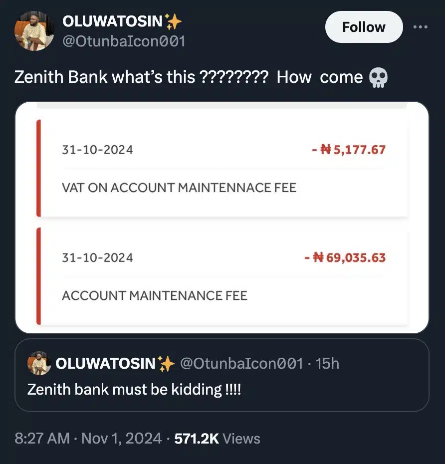 Man raises alarm as bank debits him N74K as 'maintenance charges' 