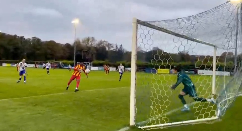 The Beasted keeper rushed out to block the shot, but was caught up in his own net