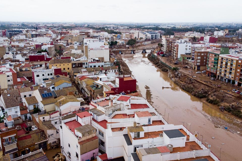 Aerial view of a town center in Valencia after the floods