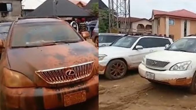 Groom's convoy cars splattered with mud stains en route to bride's house sp@rks reactions at wedding (WATCH)