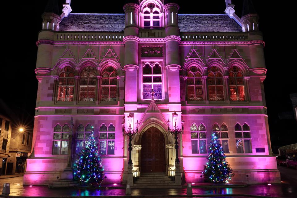 The town hall building during Christmas time in Inverness