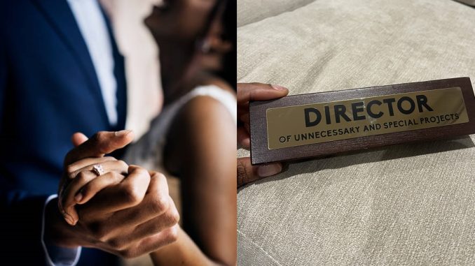 Newlywed woman receives 'Director of Unnecessary and Special Projects' plaque as first present from husband after wedding (IMAGES)